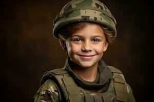 retrato de un linda pequeño chico en militar uniforme en oscuro antecedentes ai generado foto