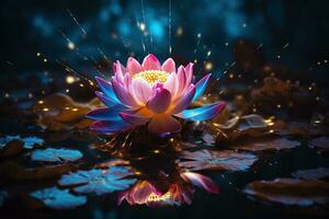 Beautiful pink water lily or lotus flower on dark background AI Generated photo