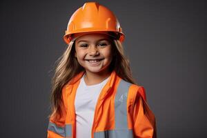 retrato de un sonriente pequeño niña en un construcción casco ai generado foto