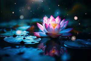 Beautiful pink water lily or lotus flower on dark background AI Generated photo