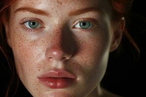 a close up of a woman with freckles AI generated photo