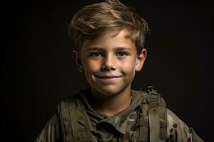 retrato de un linda pequeño chico en militar uniforme en oscuro antecedentes ai generado foto