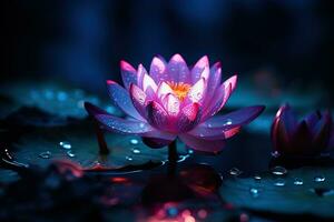 Beautiful pink water lily or lotus flower on dark background AI Generated photo