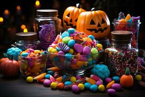 Ai Generated. Halloween candies and sweets on dark background photo