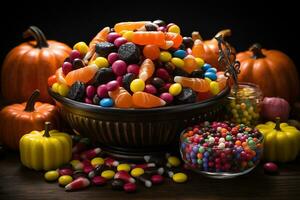 Ai Generated. Halloween candies and sweets on dark background photo