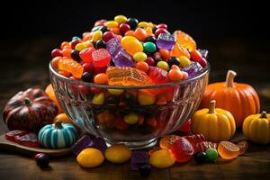 Ai Generated. Halloween candies and sweets on dark background photo