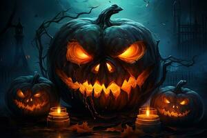 Halloween pumpkin head jack lantern with candles on dark background. Halloween concept AI Generated photo