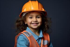 retrato de un sonriente pequeño niña en un construcción casco ai generado foto