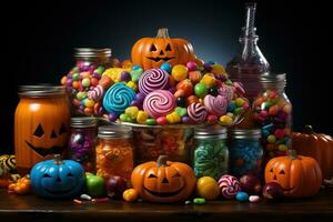 Ai Generated. Halloween candies and sweets on dark background photo