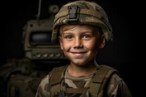 retrato de un linda pequeño chico en militar uniforme en oscuro antecedentes ai generado foto