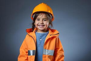 retrato de un sonriente pequeño niña en un construcción casco ai generado foto