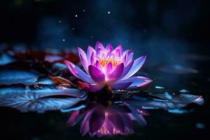 Beautiful pink water lily or lotus flower on dark background AI Generated photo