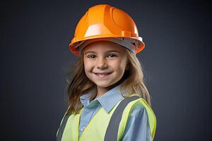 retrato de un sonriente pequeño niña en un construcción casco ai generado foto