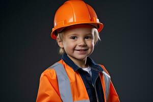 Portrait of a cute little boy in a construction helmet AI Generated photo