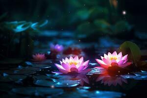 Beautiful pink water lily or lotus flower on dark background AI Generated photo