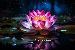 Beautiful pink water lily or lotus flower on dark background AI Generated photo