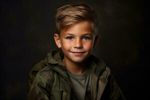 retrato de un linda pequeño chico en militar uniforme en oscuro antecedentes ai generado foto