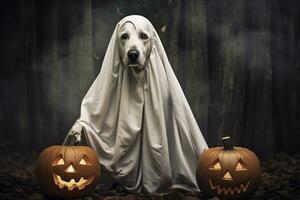 Víspera de Todos los Santos tema. perro en fantasma disfraz con calabazas en oscuro antecedentes ai generado foto