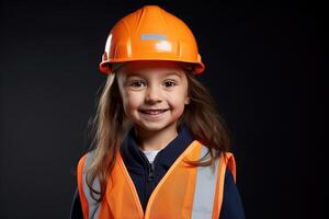 retrato de un sonriente pequeño niña en un construcción casco ai generado foto