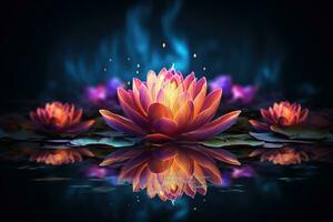 Beautiful pink water lily or lotus flower on dark background AI Generated photo