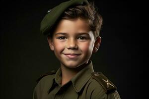 retrato de un linda pequeño chico en militar uniforme en oscuro antecedentes ai generado foto