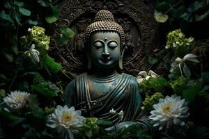 Buddha statue with lotus flower and green leaves background AI Generated photo