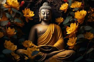 a golden buddha statue surrounded by flowers AI Generated photo