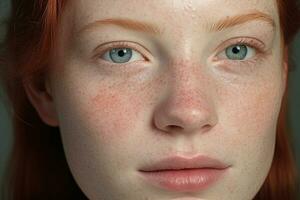 a close up of a woman with freckles,rosacea couperose redness skin AI generated photo