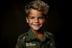 retrato de un linda pequeño chico en militar uniforme en oscuro antecedentes ai generado foto