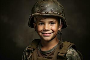 retrato de un linda pequeño chico en militar uniforme en oscuro antecedentes ai generado foto