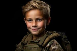 retrato de un linda pequeño chico en militar uniforme en oscuro antecedentes ai generado foto