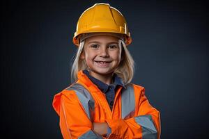 Portrait of a smiling little girl in a construction helmet photo