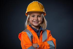 retrato de un sonriente pequeño niña en un construcción casco ai generado foto