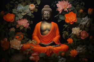 Buddha statue surrounded by orange flowers on a black background AI Generated photo