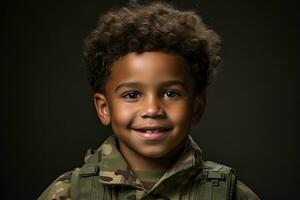 retrato de un linda pequeño chico en militar uniforme en oscuro antecedentes ai generado foto