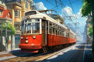 ciudad tranvía rojo color anime visual novela juego. generar ai foto