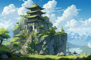 asiático templo anime visual novela juego. generar ai foto