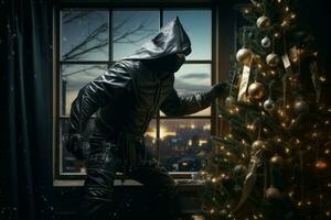 Robber black mask xmas tree. Generate Ai photo