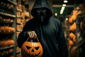 Robber black mask take pumpkin shop. Generate Ai photo