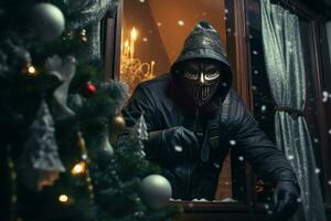 Robber black mask near window. Generate Ai photo