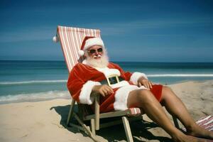 Santa claus suit beach chair. Generate Ai photo