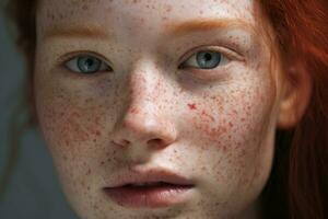 a close up of a woman with freckles AI generated photo