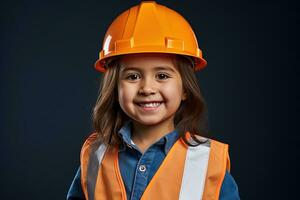 retrato de un sonriente pequeño niña en un construcción casco ai generado foto