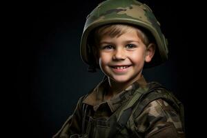 retrato de un linda pequeño chico en militar uniforme en oscuro antecedentes ai generado foto