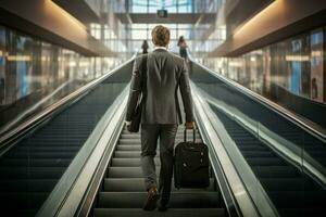 Man luggage up escalator. Generate AI photo