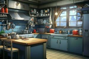 Kitchen room anime visual novel game. Generate Ai photo