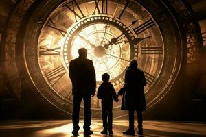 Family stand in front of big clock. Generate Ai photo