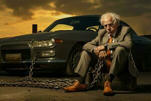 Old man chained to car. Generate Ai photo