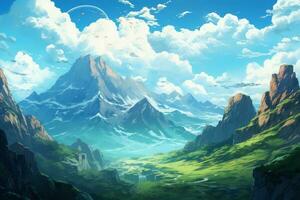 Mountains view anime visual novel game. Generate Ai photo