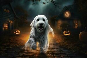 Halloween theme. dog in ghost costume with pumpkins on dark background AI Generated photo